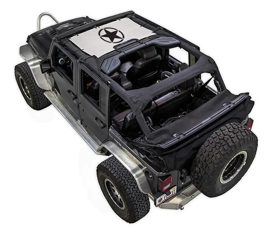 Sun shade top for Jeep Wrangler JKU 4-Door by SpiderWebShade; black fabric with white panel featuring a star logo