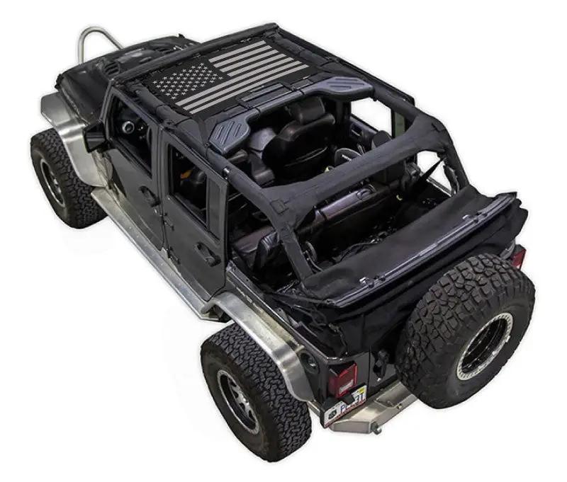 SPIDERWEBSHADE Sun Shade for Jeep Wrangler JKU 4-Door; black shade top with US flag graphic