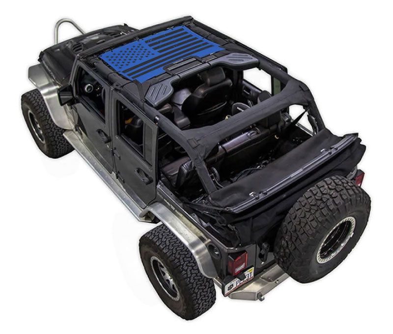 SpiderWebShade sun shade for Jeep Wrangler JKU 4-Door with blue flag-print top