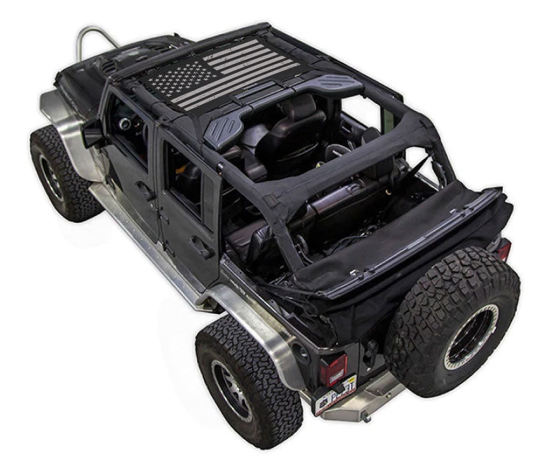 Sun Shade for Jeep Wrangler JKU 4-Door by SPIDERWEBSHADE; stock printed shade top (2007–2017)