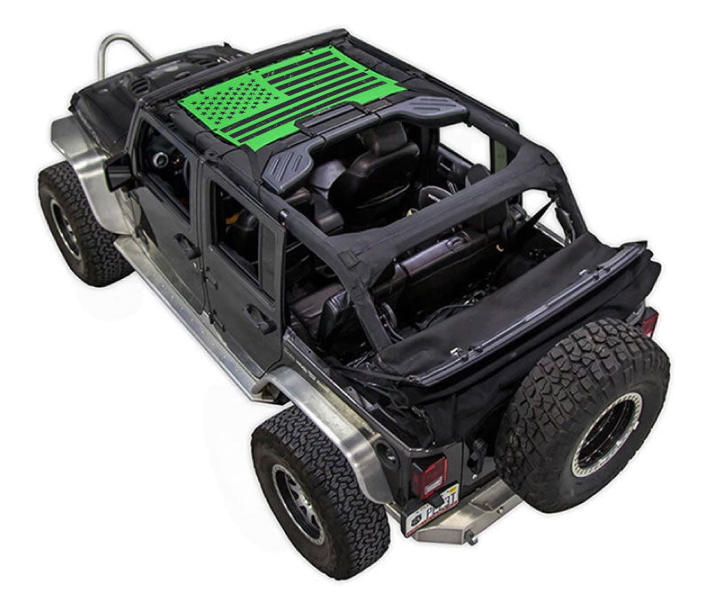 Sun shade for Jeep Wrangler JKU 4-Door by SPIDERWEBSHADE; stock printed green flag graphic