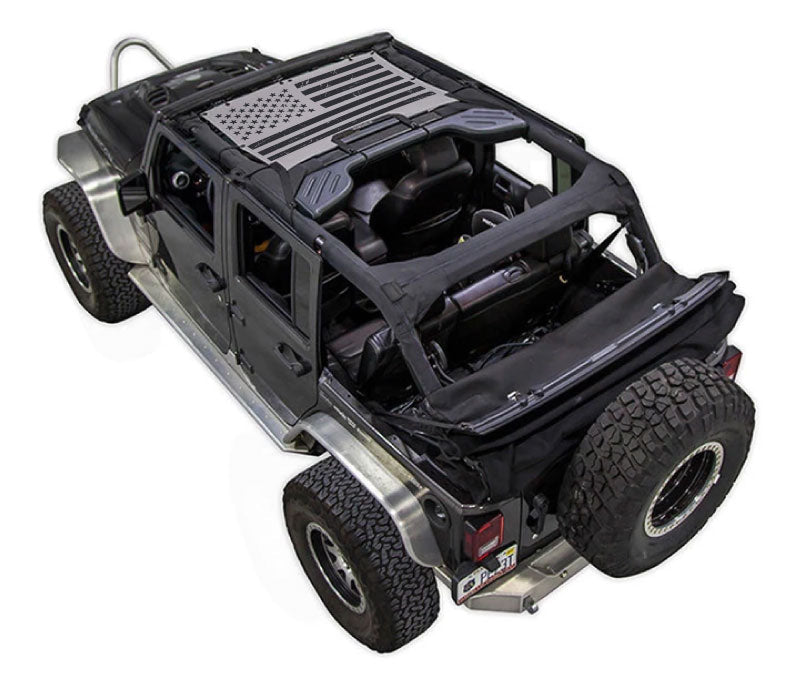Sun shade for Jeep Wrangler JKU 4-Door by SpiderWebShade with stock printed shade top featuring a US flag design