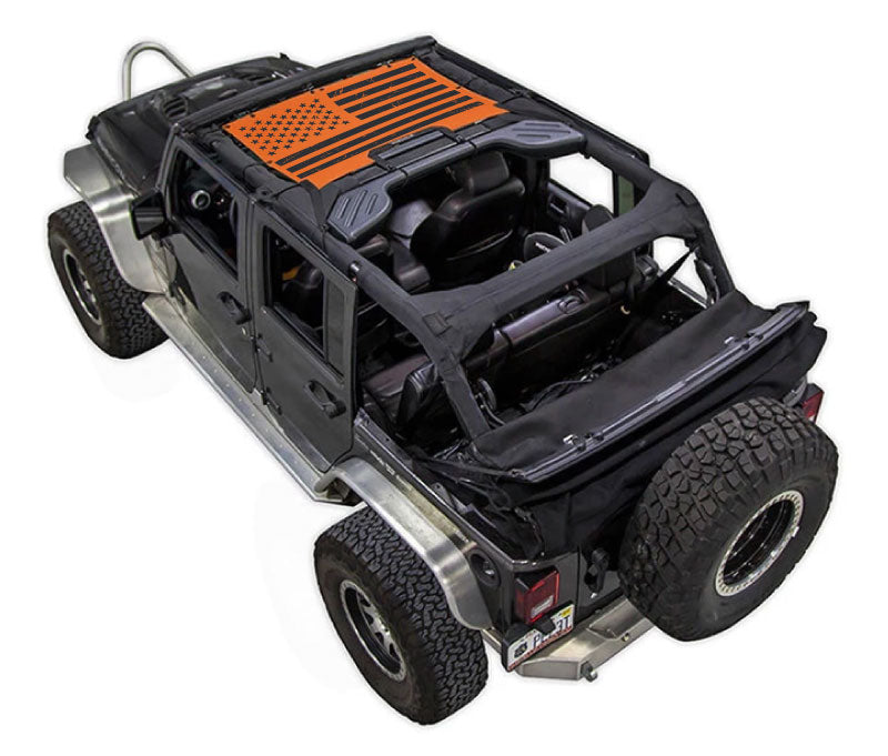 Sun shade for Jeep Wrangler JKU 4-Door by Spiderwebshade, black with orange American flag print