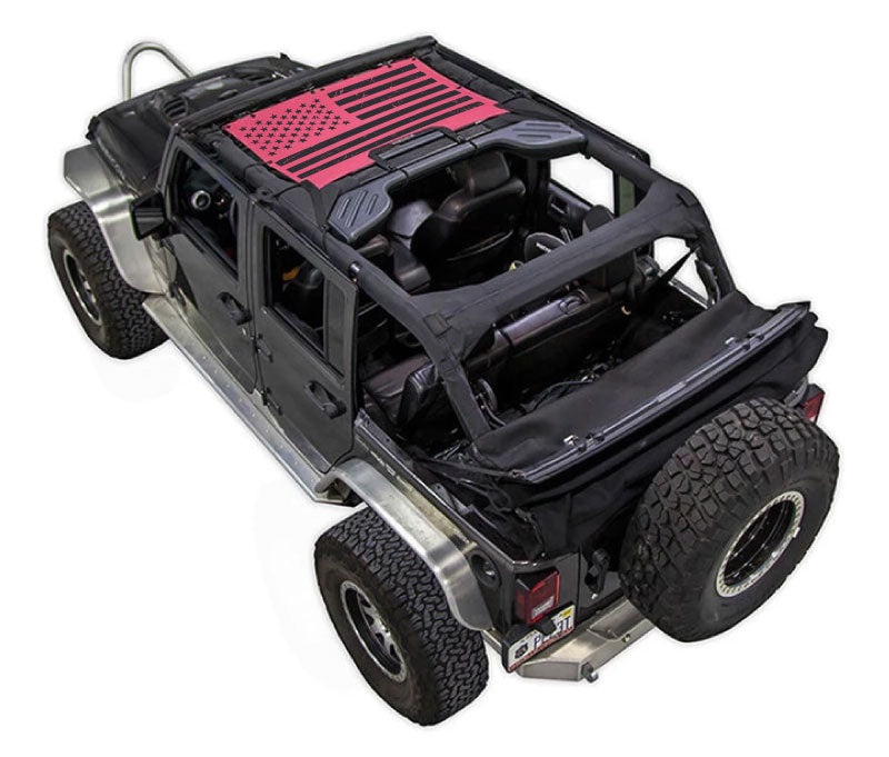 SpiderWebShade sun shade for Jeep Wrangler JKU 4-Door with stock American-flag print top