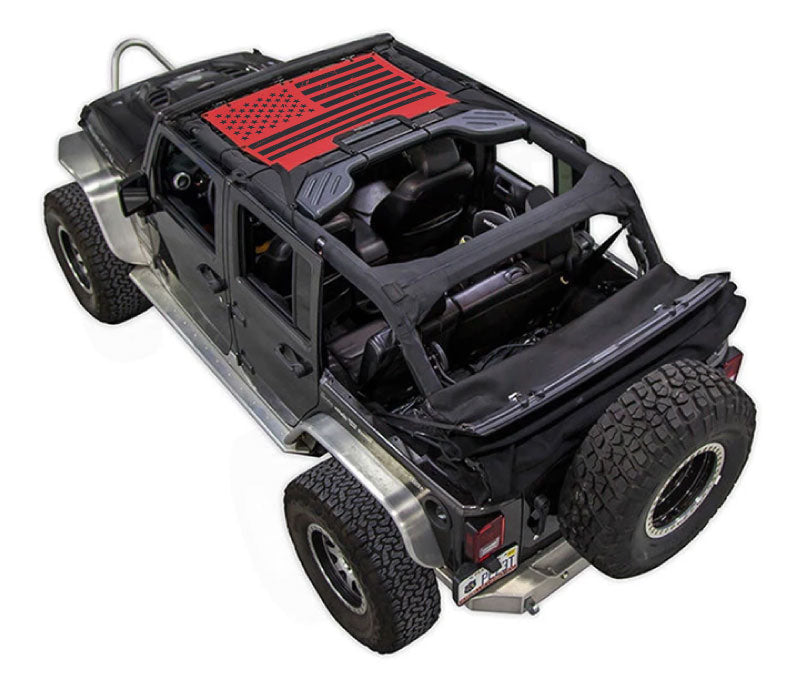 Sun shade SpiderWebShade for Jeep Wrangler JKU 4-Door (2007–2017) with stock printed top and red American flag graphic