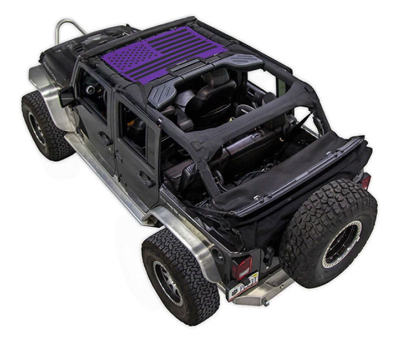 Sunshade for Jeep Wrangler JKU 4-Door by SPIDERWEBSHADE with stock printed purple US flag design