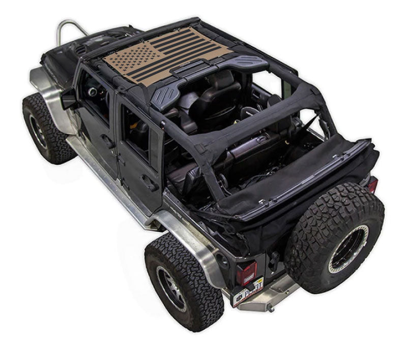 Sun shade SpiderWebShade for Jeep Wrangler JKU 4-Door with stock printed American flag design
