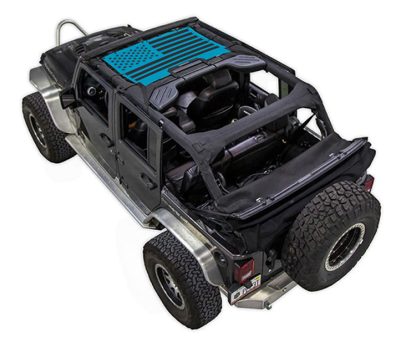 SpiderWebShade sun shade for Jeep Wrangler JKU 4-Door with blue American-flag print top