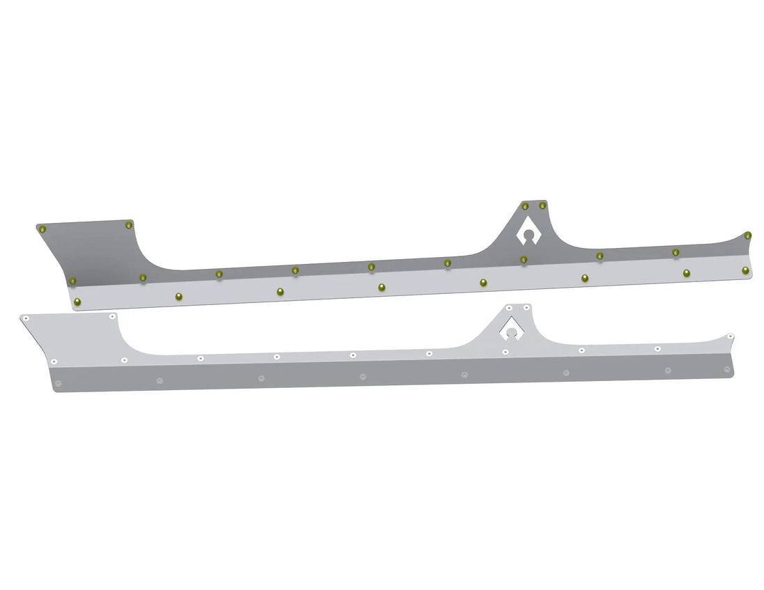 JLU Aluminum Rocker Armor by Artec Industries, three gray aluminum rocker panels with yellow fasteners