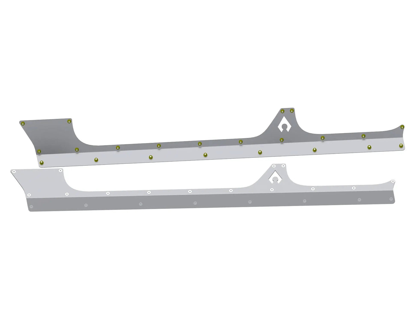 JLU Aluminum Rocker Armor by Artec Industries, three gray aluminum rocker panels with yellow fasteners