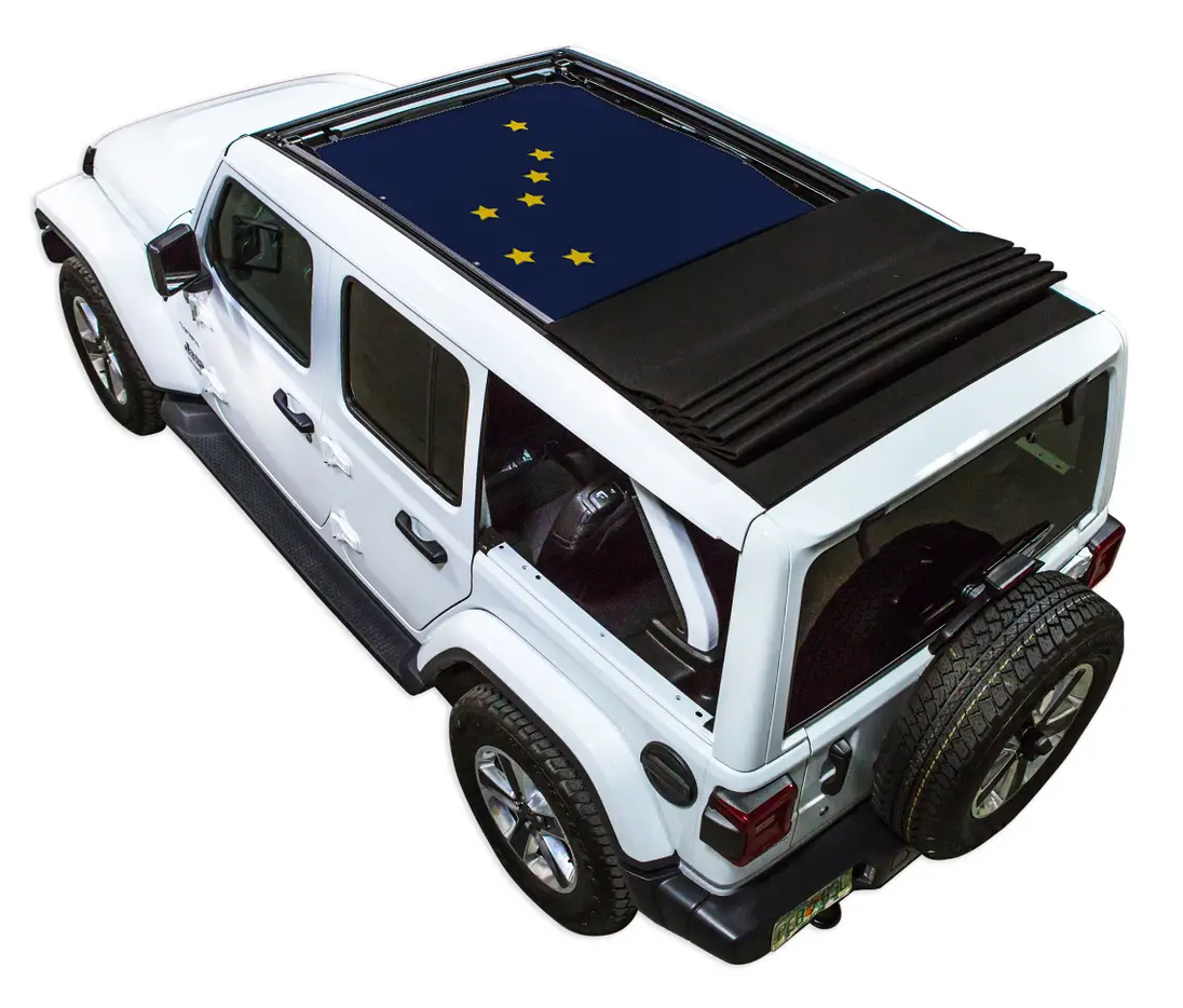 SpiderWebShade sun shade for Jeep Wrangler JLU; blue printed star panel with black folded shade top