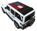 SPIDERWEBSHADE sun shade top for Jeep Wrangler JLU Sky One Touch; stock printed flag design on white SUV.