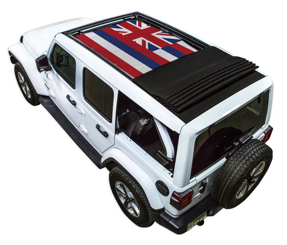 SPIDERWEBSHADE Sun Shade for Jeep Wrangler JLU Sky One Touch Power Top; stock printed flag design