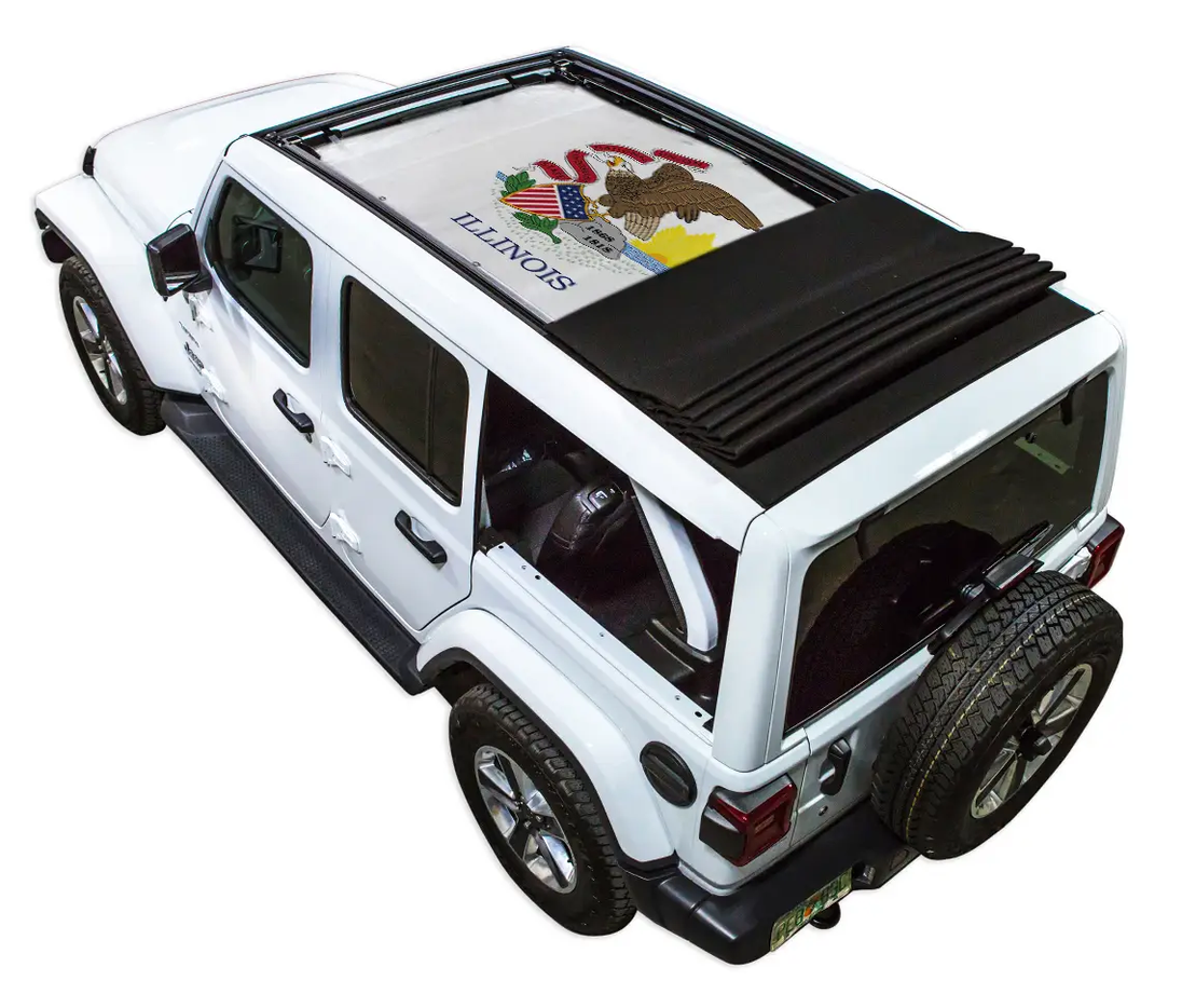 SpiderWebShade sun shade top for Jeep Wrangler JLU with stock printed Illinois flag design on roof