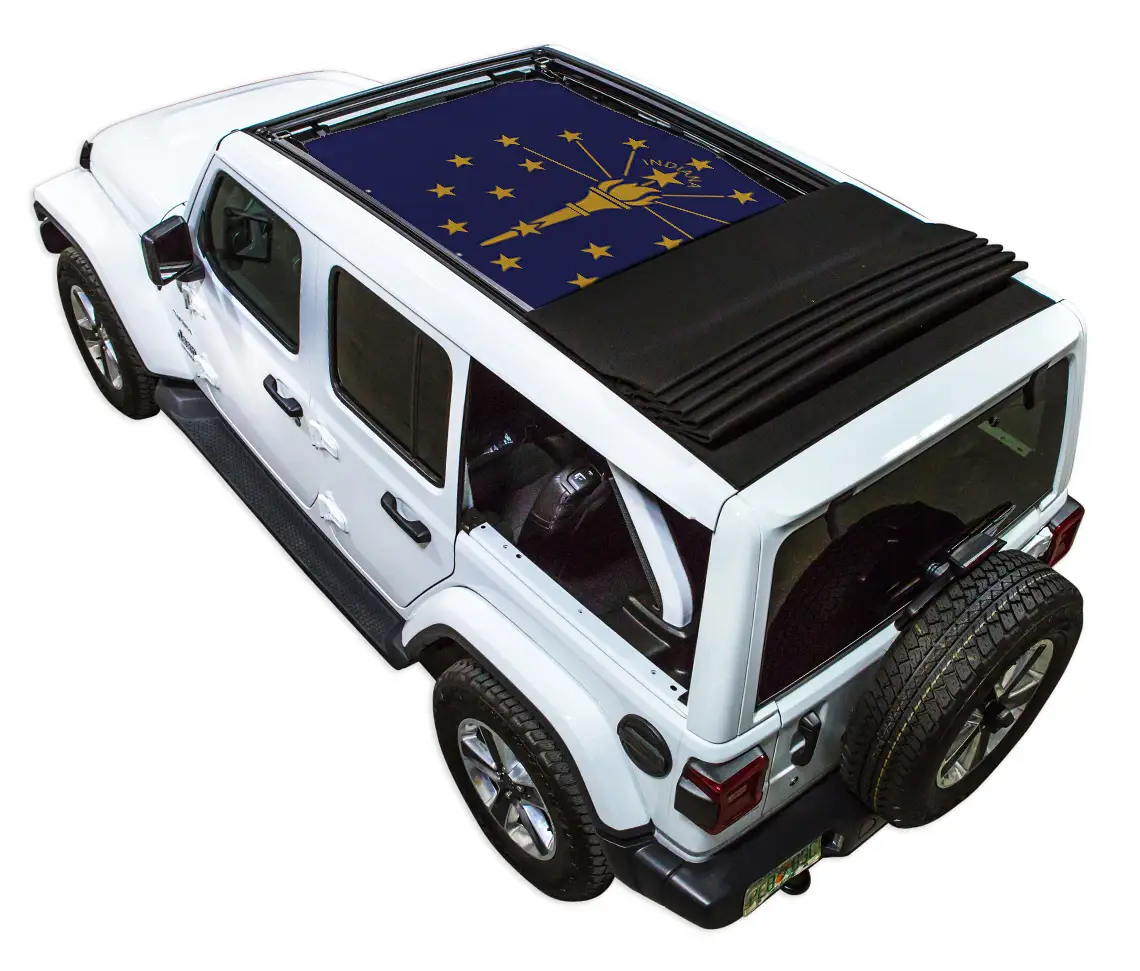 Sun shade for Jeep Wrangler JLU Sky One Touch Power Top; blue printed shade with torch-and-stars design