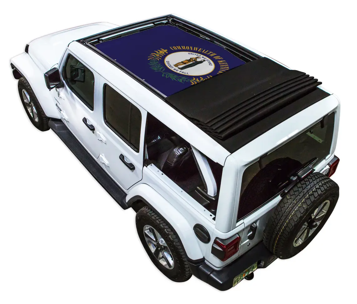 SpiderWebShade sun shade for Jeep Wrangler JLU Sky One Touch Power Top, blue printed shade top on white Jeep