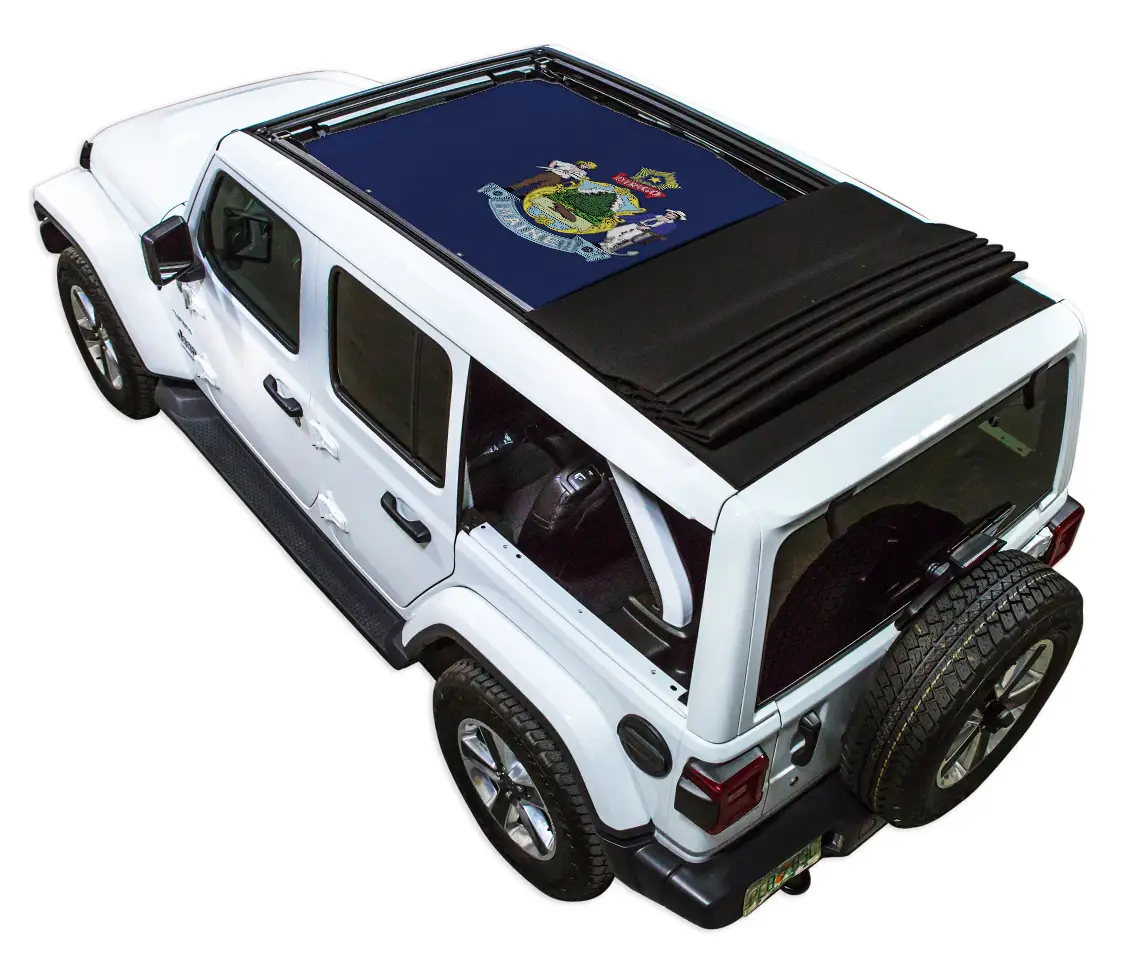 SPIDERWEBSHADE SunShade for Jeep Wrangler JLU Sky One Touch Power Top; blue printed shade top on white 4-door Wrangler
