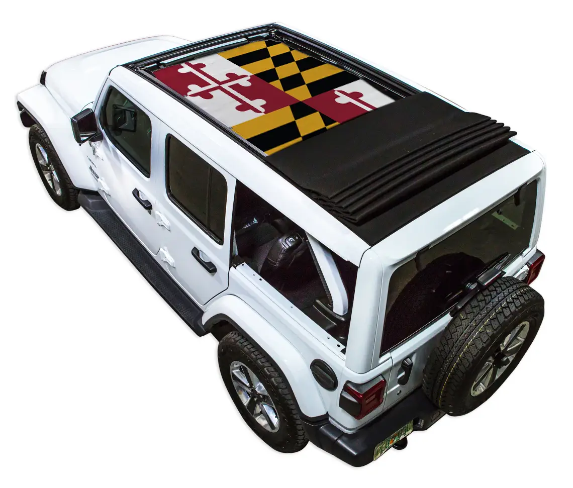 Sun shade top for Jeep Wrangler JLU, SpiderWebShade, Maryland flag print on roof