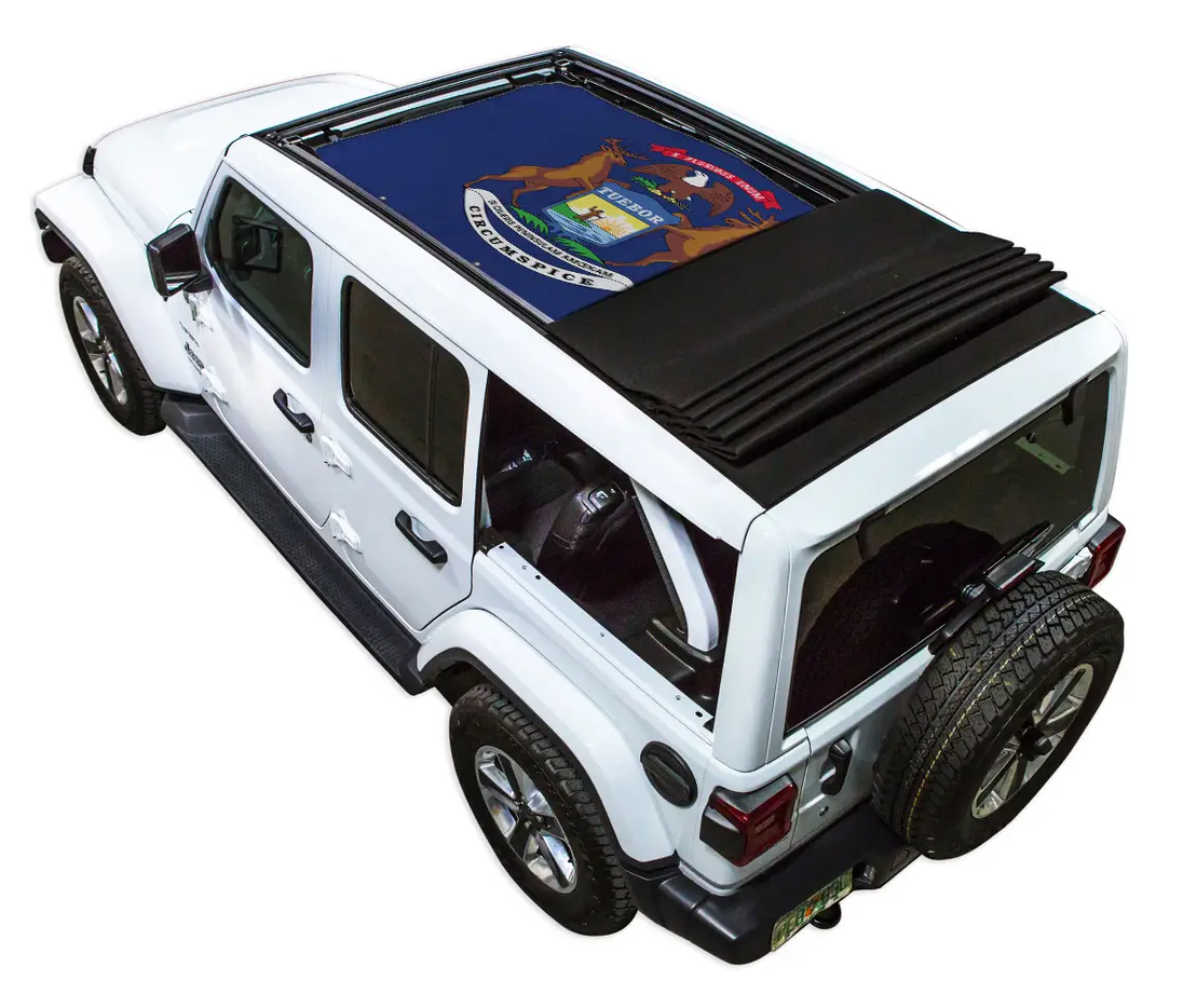 SPIDERWEBSHADE sun shade for Jeep Wrangler JLU Sky One Touch Power Top; stock printed shade top on white Jeep.