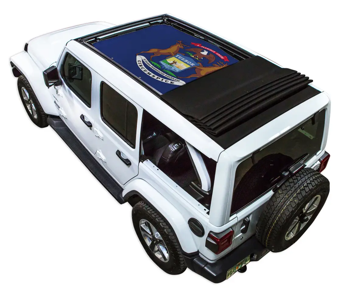 SPIDERWEBSHADE sun shade for Jeep Wrangler JLU Sky One Touch Power Top; stock printed shade top on white Jeep.