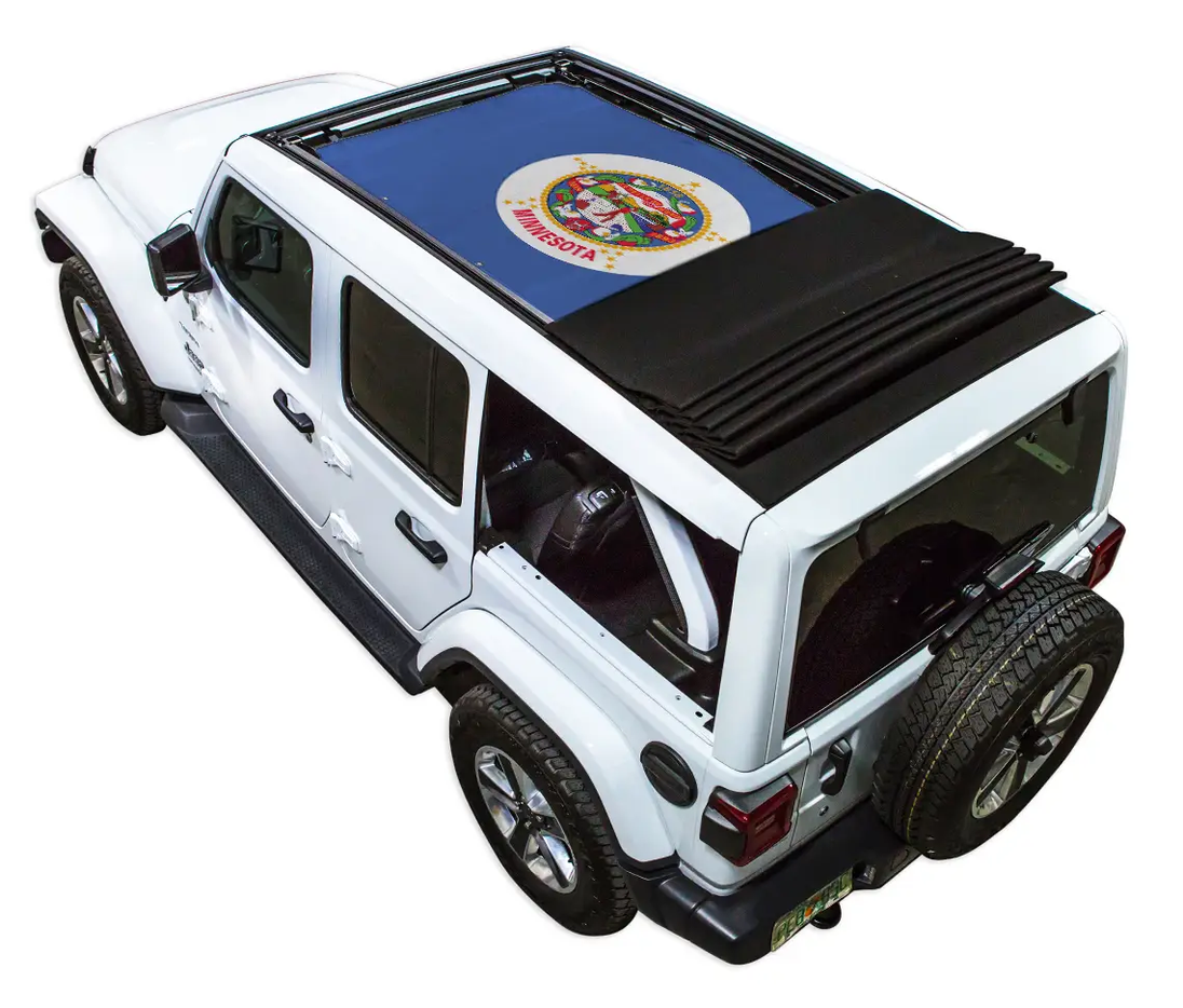 Sunshade by SpiderWebShade for Jeep Wrangler JLU Sky One Touch Power Top; blue printed shade top with state seal