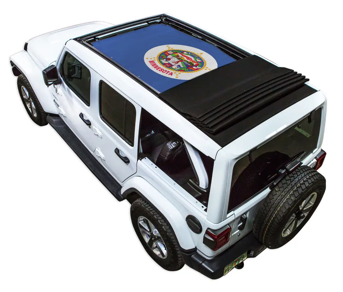 Sunshade by SpiderWebShade for Jeep Wrangler JLU Sky One Touch Power Top; blue printed shade top with state seal