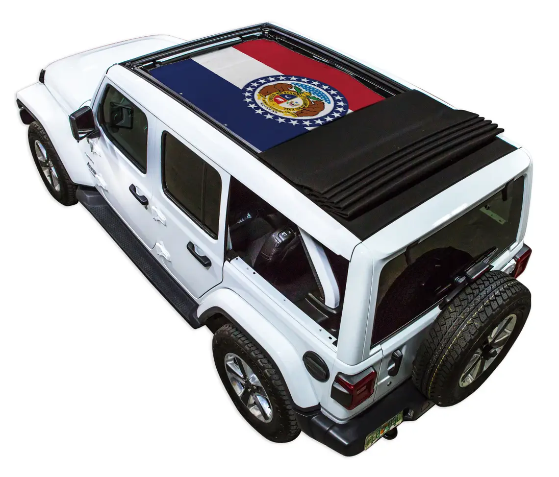 Sun shade for Jeep Wrangler JLU Sky One Touch Power Top by SpiderWebShade; stock printed shade top with flag design