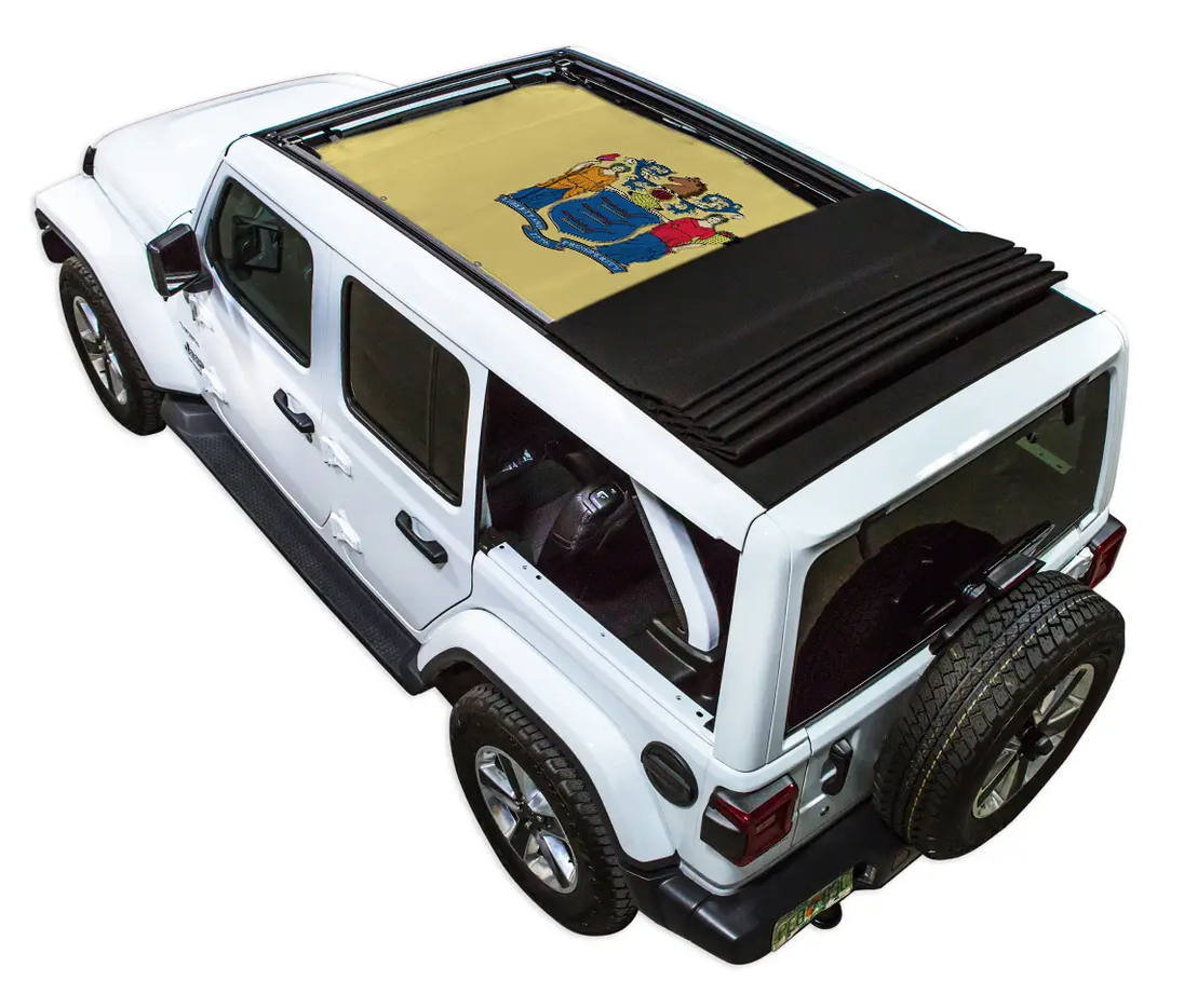 Sun shade for Jeep Wrangler JLU Sky One Touch Power Top by SpiderWebShade; stock printed shade top