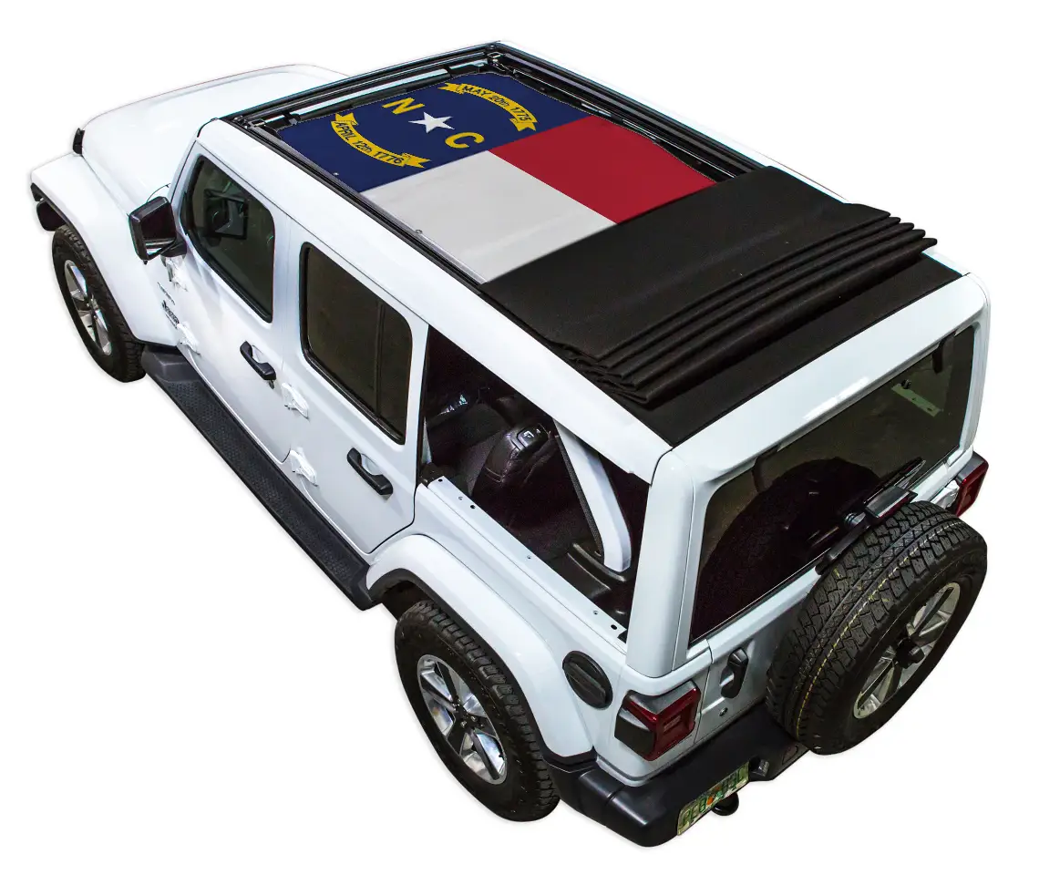SpiderWebShade sun shade top for white Jeep Wrangler JLU with stock printed flag design