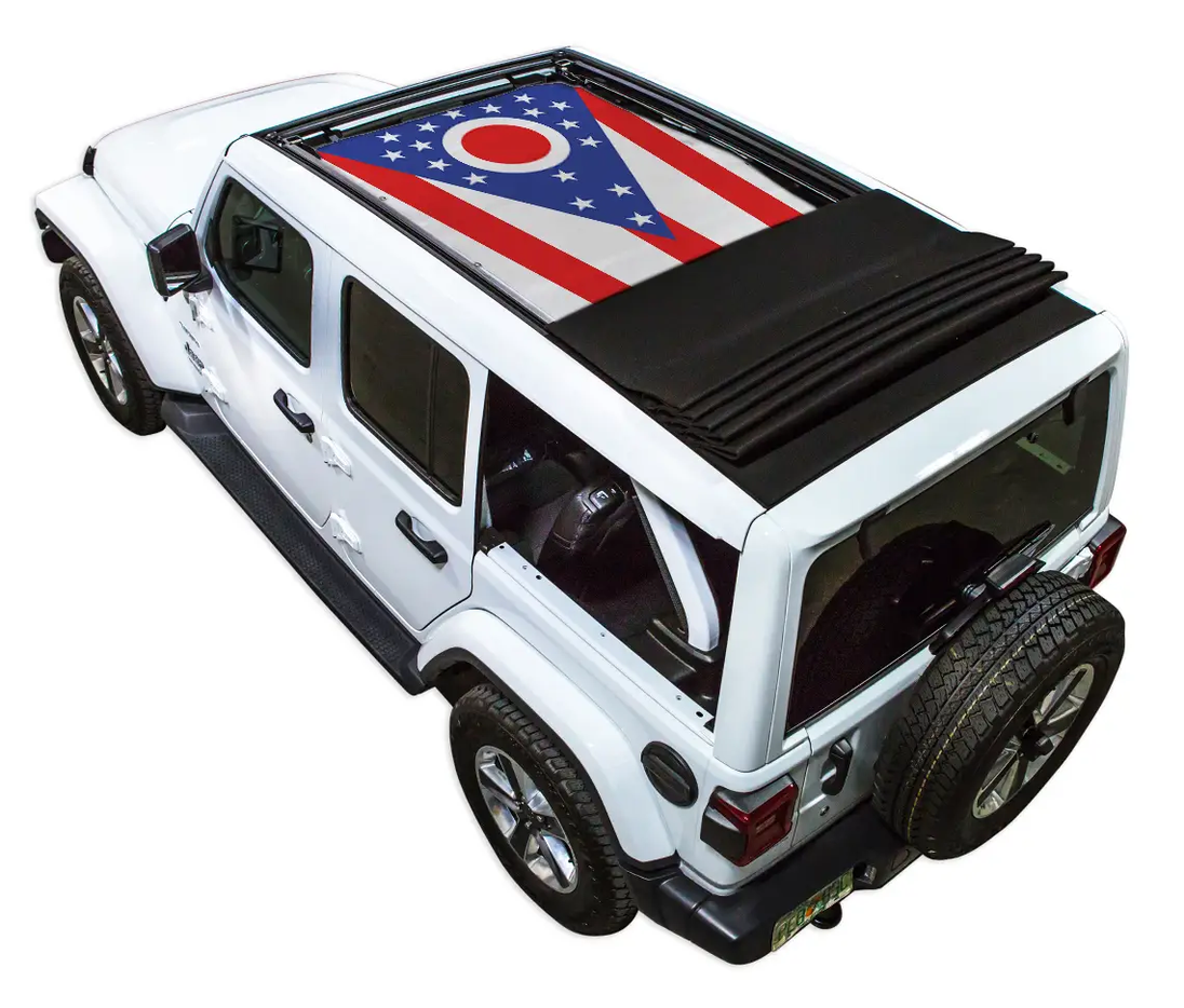 Sun shade for Jeep Wrangler JLU Sky One Touch Power Top; white stock printed shade top by SpiderWebShade