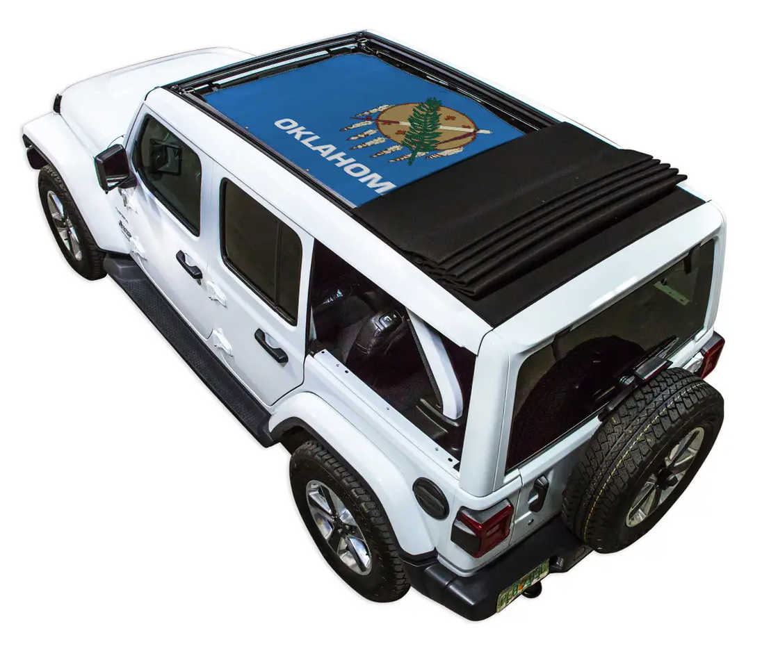 SpiderWebShade sun shade top for Jeep Wrangler JLU with blue Oklahoma flag print
