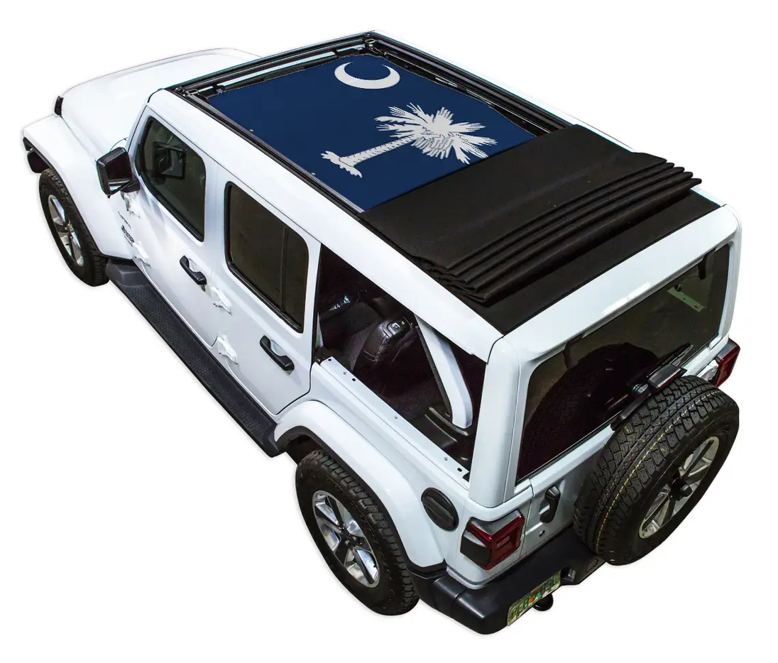 Sun Shade for Jeep Wrangler JLU Sky One Touch Power Top by SpiderWebShade; blue printed palm-tree shade top