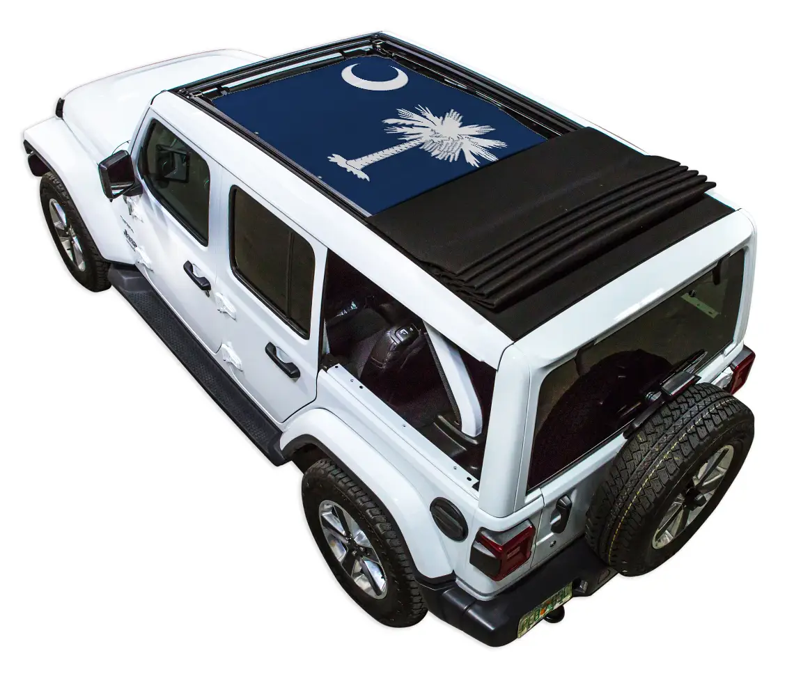 Sun Shade for Jeep Wrangler JLU Sky One Touch Power Top by SpiderWebShade; blue printed palm-tree shade top