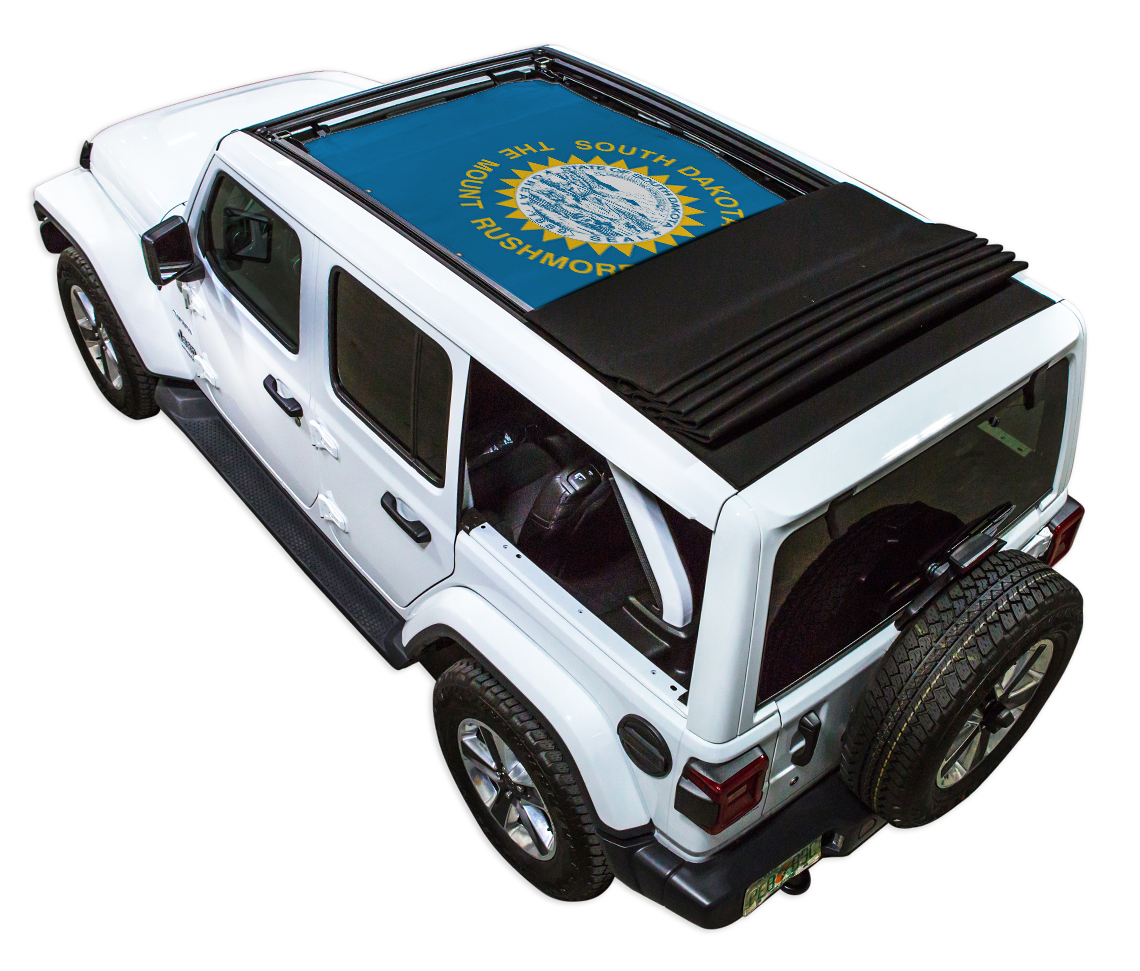 Sun shade for Jeep Wrangler JLU Sky One Touch Power Top; SpiderWebShade stock printed blue shade top on white 4-door Wrangler