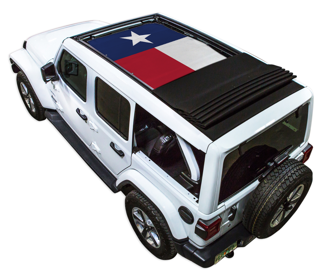 Sun shade SpiderWebShade for Jeep Wrangler JLU Sky One Touch Power Top; Texas flag print on top of white jeep