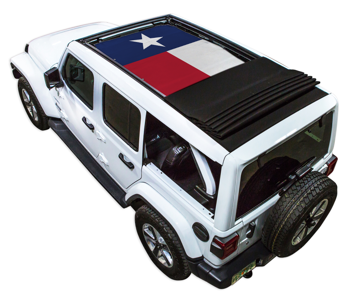 Sun shade SpiderWebShade for Jeep Wrangler JLU Sky One Touch Power Top; Texas flag print on top of white jeep