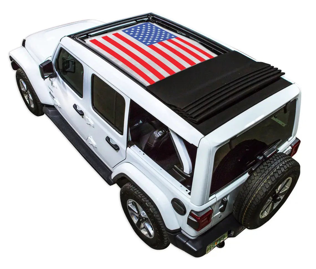 SpiderWebShade sun shade for Jeep Wrangler JLU Sky One Touch Power Top with US flag printed shade top
