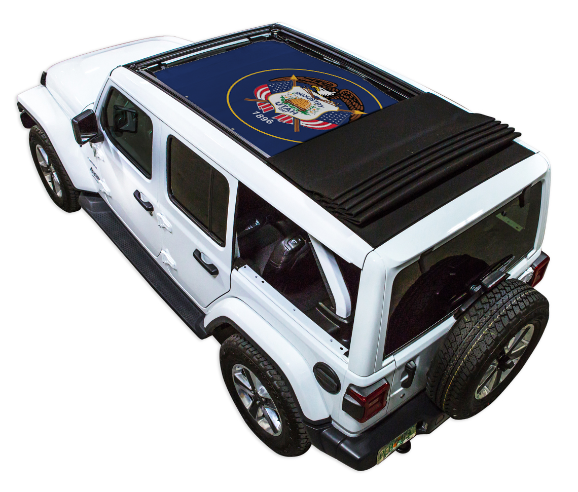 SpiderWebShade sun shade for Jeep Wrangler JLU Sky One-Touch Power Top; blue printed shade panel with state seal logo