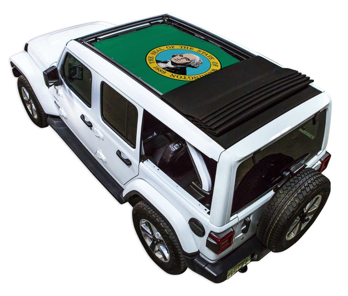 SpiderWebShade sun shade for Jeep Wrangler JLU Sky One Touch Power Top; white Jeep with green printed shade top.