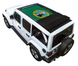 SpiderWebShade sun shade for Jeep Wrangler JLU Sky One Touch Power Top; white Jeep with green printed shade top.