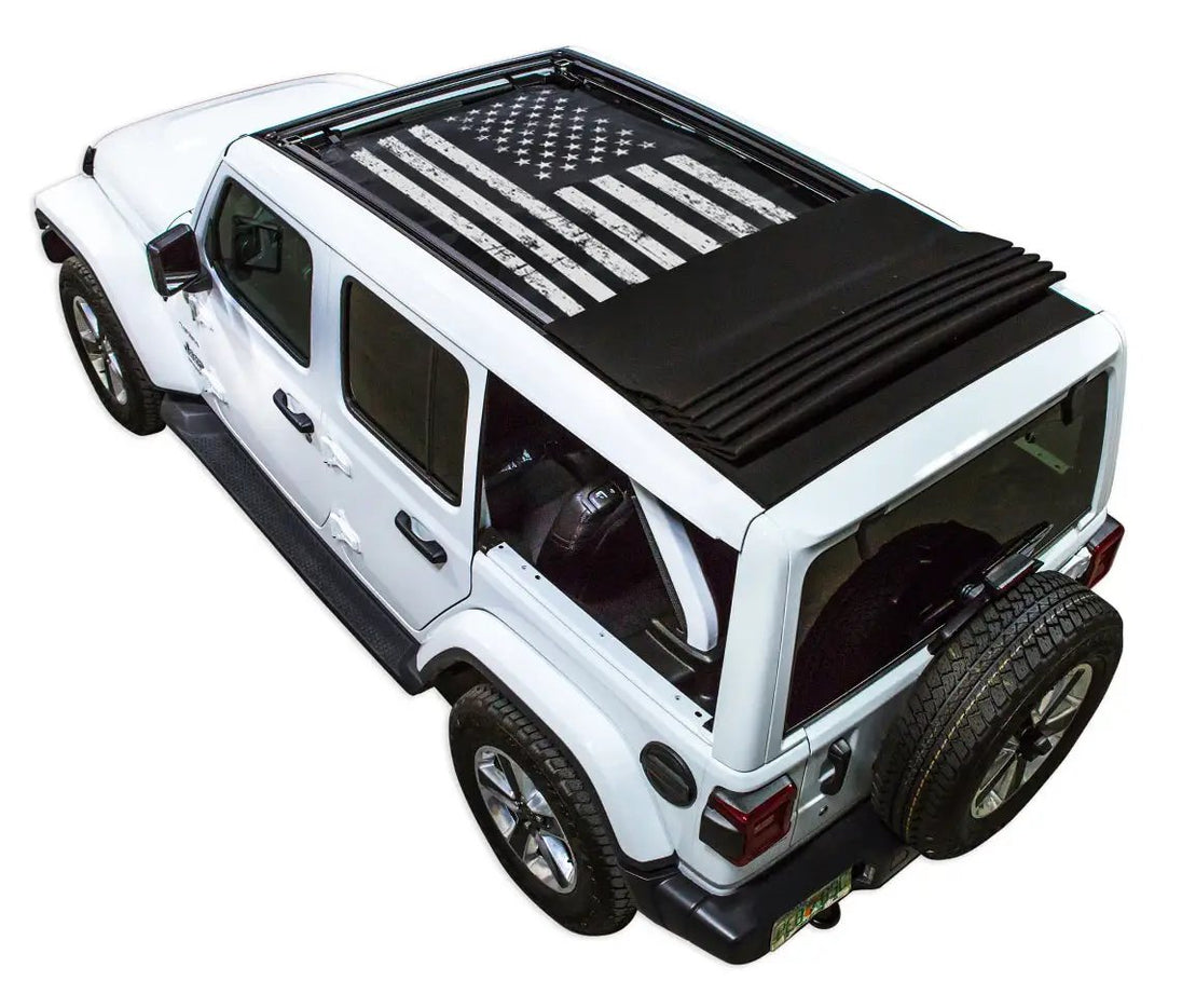 Sun shade top for Jeep Wrangler JLU Sky One Touch Power Top by SpiderWebShade, stock printed flag design