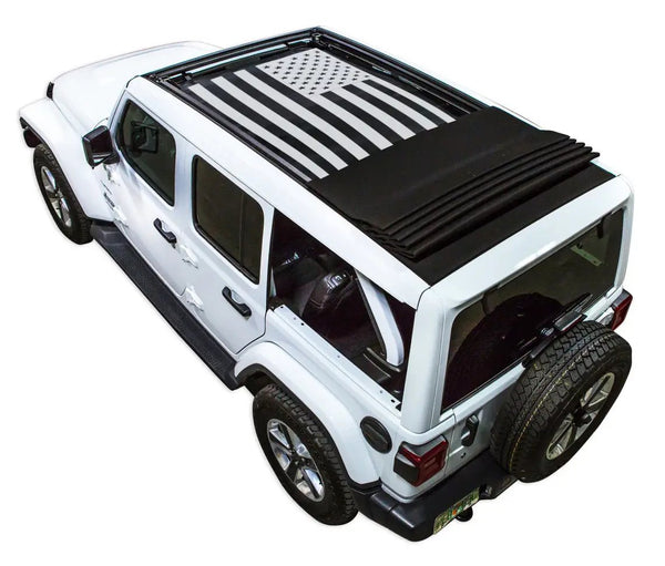 Sun shade for Jeep Wrangler JLU by SpiderWebShade with printed American flag motif on top