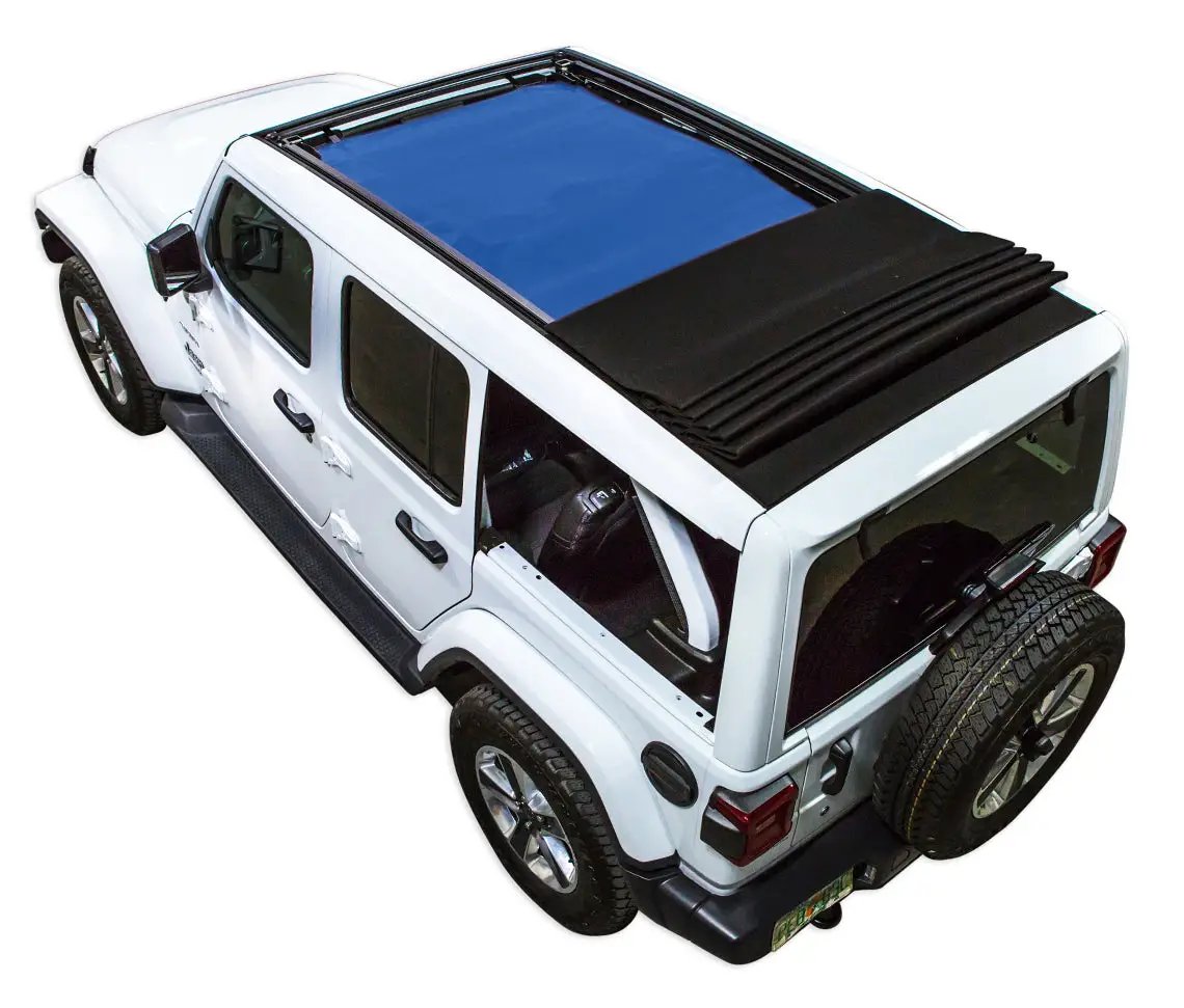Sun shade SpiderWebShade for Jeep Wrangler JLU, blue skylight panel with black folded shade on white SUV