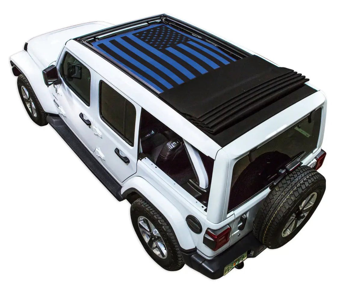 Sun shade SpiderWebShade for Jeep Wrangler JLU Sky One-Touch Power Top with printed flag design