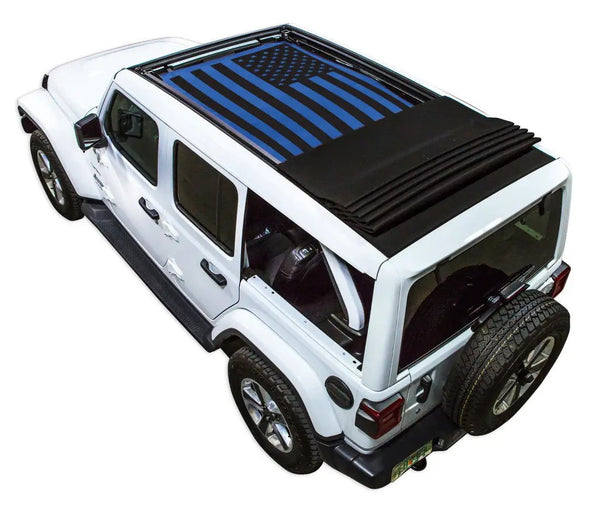 Sun shade SpiderWebShade for Jeep Wrangler JLU Sky One-Touch Power Top with printed flag design