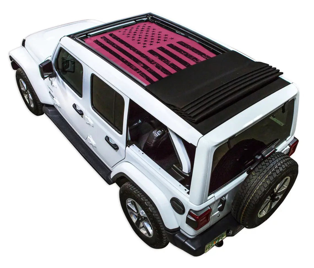Sun shade for Jeep Wrangler JLU by SPIDERWEBSHADE, magenta stock printed shade top on Sky One Touch Power Top
