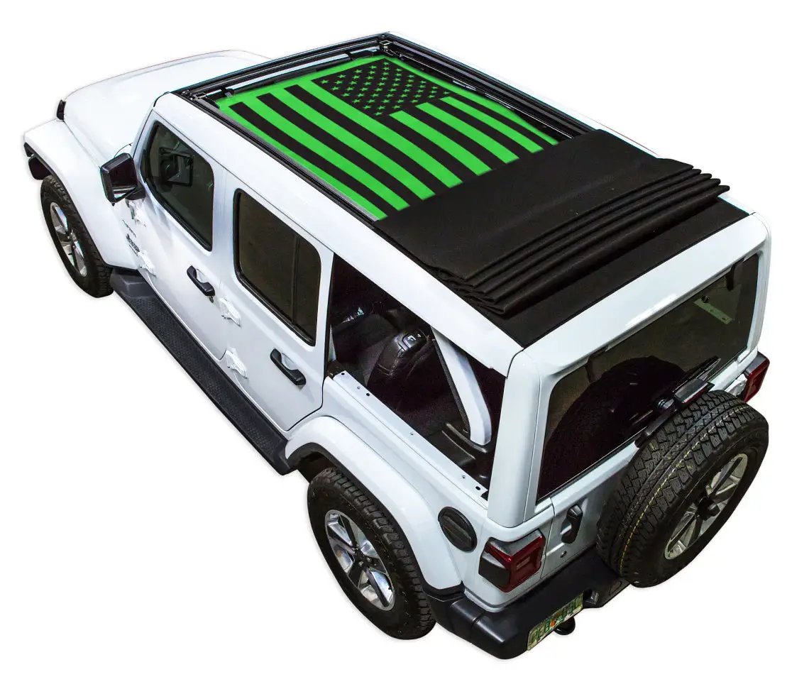 Sun shade for Jeep Wrangler JLU Sky One Touch Power Top; SpiderWebShade printed green flag design