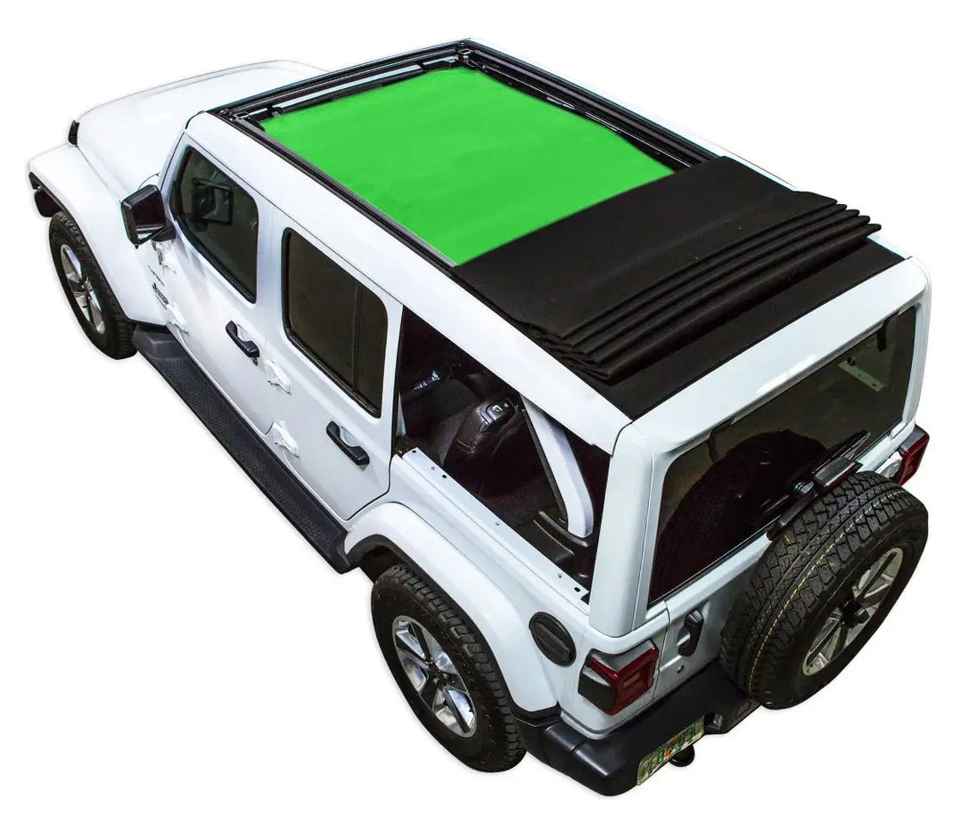 Jeep Wrangler JLU Sky One Touch Power Top sun shade by SpiderWebShade; green panel with black fabric