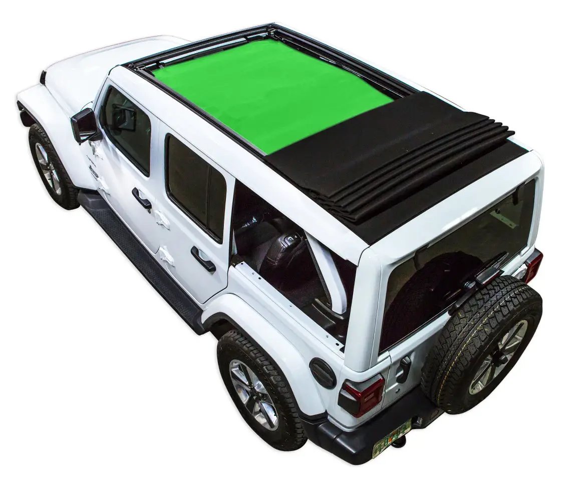 Jeep Wrangler JLU Sky One Touch Power Top sun shade by SpiderWebShade; green panel with black fabric