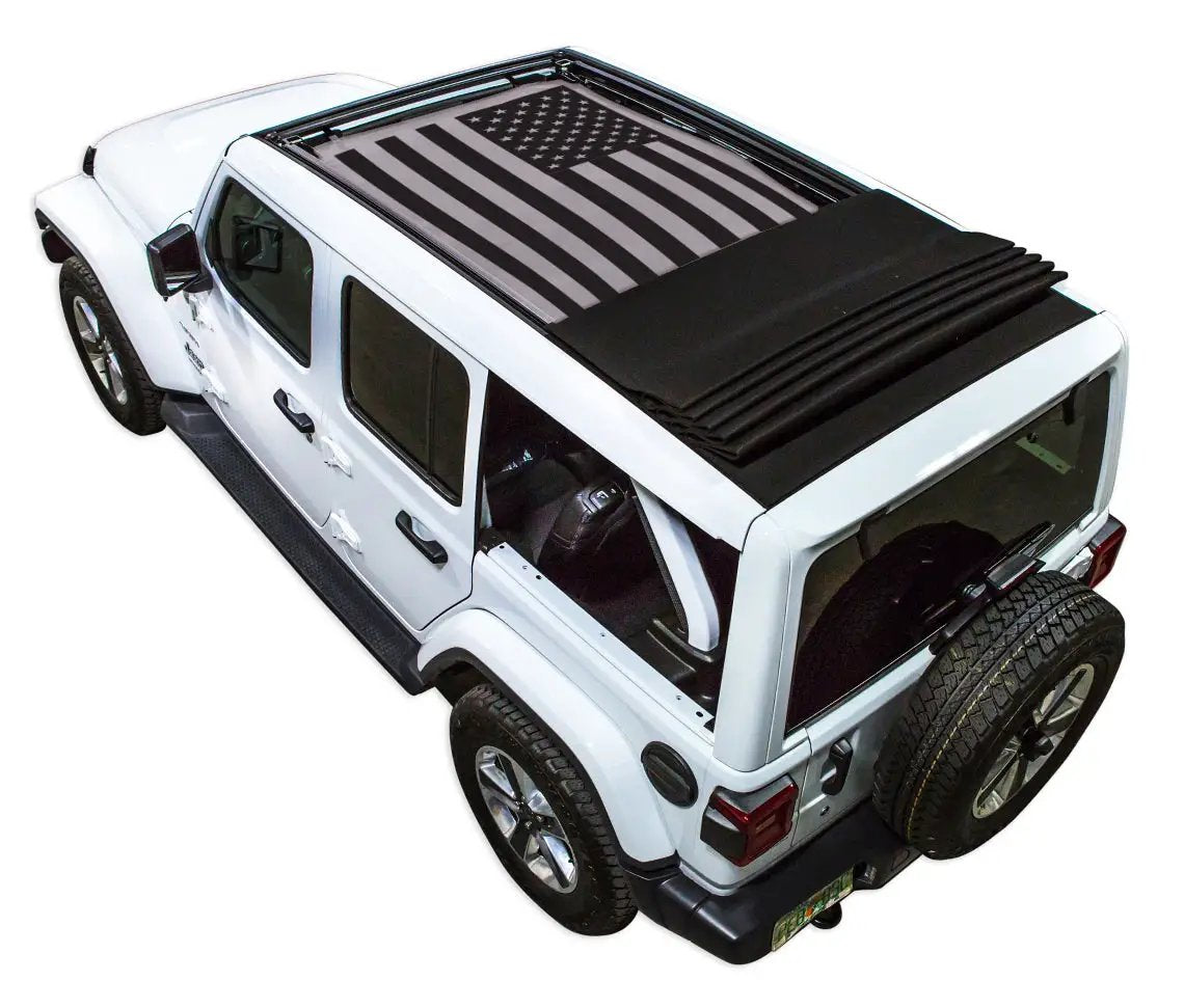 Sunshade by SpiderWebShade for Jeep Wrangler JLU Sky One Touch Power Top with stock printed flag design